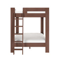 Modern brown wooden bunk bed with built-in ladder and white mattresses, space-saving kids' bedroom furniture on white background
