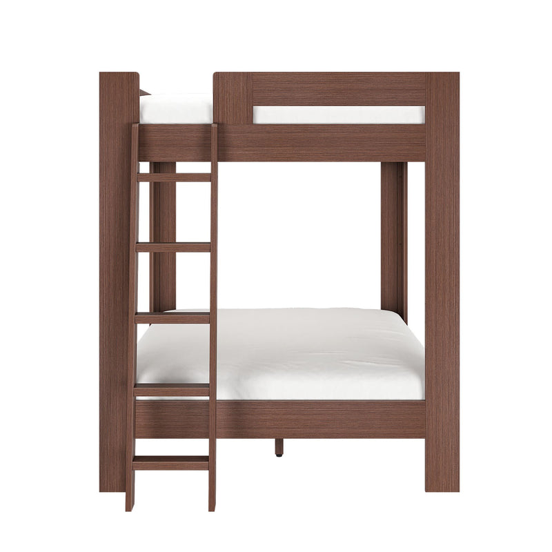 Modern brown wooden bunk bed with built-in ladder and white mattresses, space-saving kids' bedroom furniture on white background