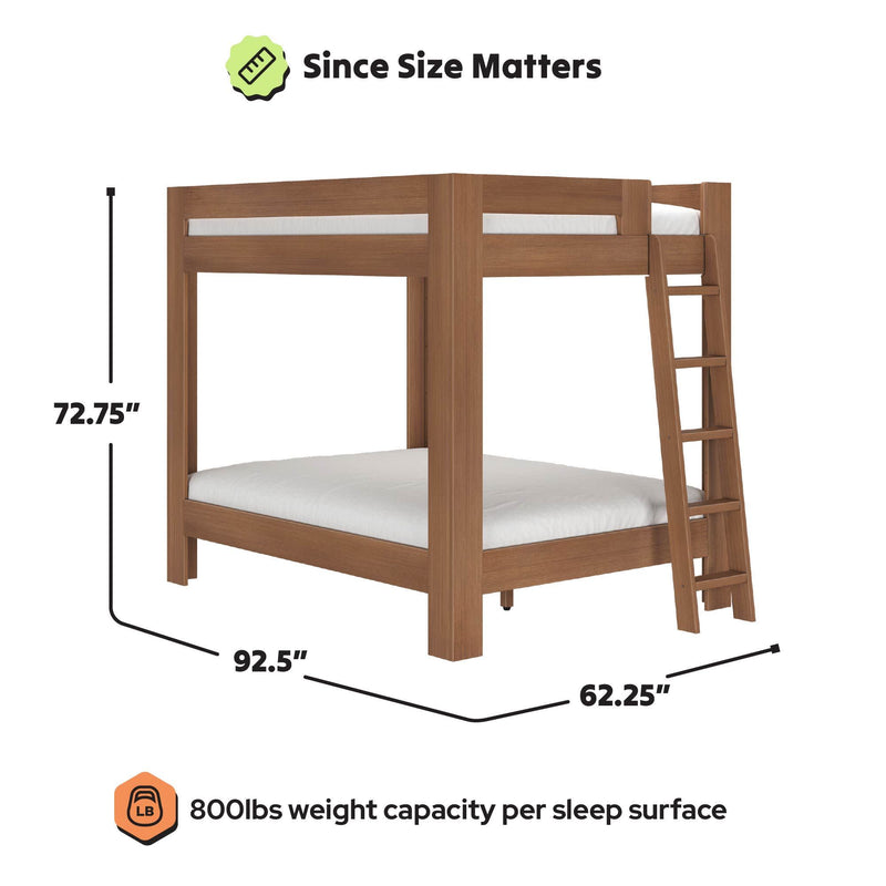 Brown wood bunk bed with ladder and solid platform, 92.5" L x 62.25" W x 72.75" H, 800 lb weight capacity per sleep surface — sturdy wooden bunk/loft bed for adults and kids