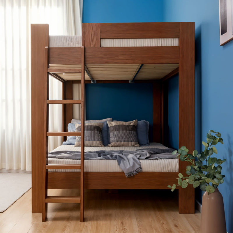 Wooden bunk bed with ladder in a modern blue bedroom, lower bed with cozy gray and blue bedding, hardwood floor and potted plant