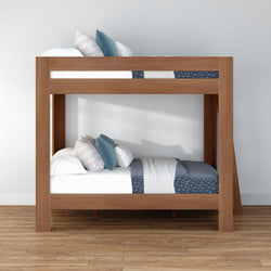 Modern solid wood bunk bed with blue and white bedding in a minimalist room, space-saving contemporary bedroom furniture