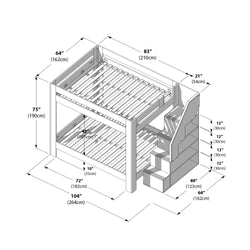 Twin-over-full bunk bed with built-in staircase and storage, dimensional diagram showing overall 104" (264 cm) length × 64" (162 cm) depth × 75" (190 cm) height.