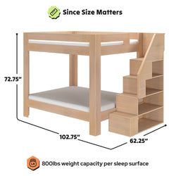 Twin-over-full wooden bunk bed with staircase storage in natural oak, 72.75″ H x 102.75″ L x 62.25″ D, 800 lb weight capacity per sleep surface