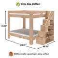 Twin-over-full wooden bunk bed with staircase storage in natural oak, 72.75″ H x 102.75″ L x 62.25″ D, 800 lb weight capacity per sleep surface