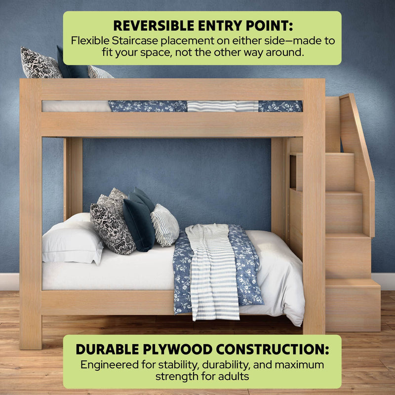 Modern wooden bunk bed with staircase, full-size lower bed and twin upper loft, reversible staircase placement and durable plywood construction engineered for adult strength, blue patterned bedding and pillows in a space-saving bedroom