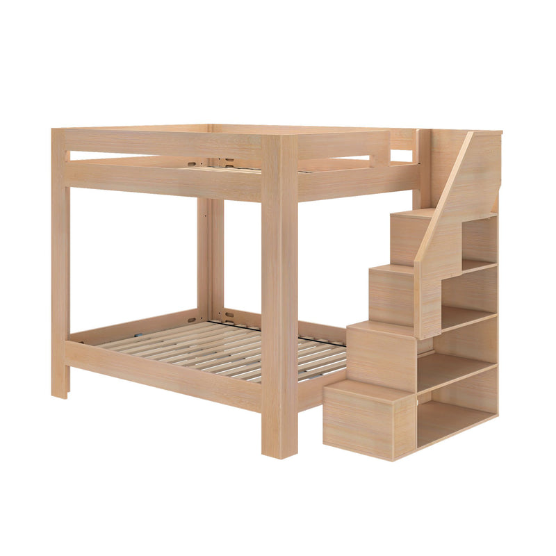 Natural wood full-over-full bunk bed with built-in storage staircase and open shelves, space-saving kids loft bed