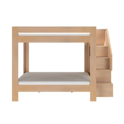 Minimalist light-wood bunk bed with built-in staircase and two mattresses, modern loft bed design for kids or small bedrooms