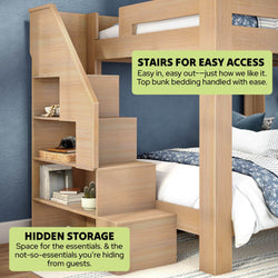 Oak wooden bunk bed with integrated staircase and hidden cubby storage, built-in shelves, space-saving kids' bedroom