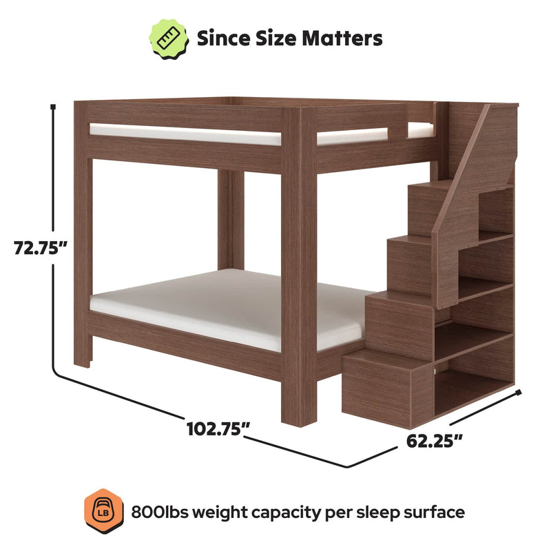 Dark walnut twin-over-twin bunk bed with staircase and built-in shelving, heavy-duty wooden frame, 800 lb weight capacity per sleep surface, space-saving loft design, dimensions 102.75″ L x 62.25″ W x 72.75″ H