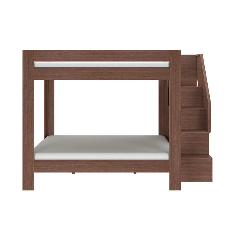 Modern two-tier bunk bed in dark walnut finish with integrated staircase and platform frame, space-saving kids' bedroom furniture