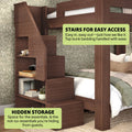 Brown wooden bunk bed with stairs and built-in hidden storage shelves, space-saving bunk bed with staircase for kids’ or guest bedrooms