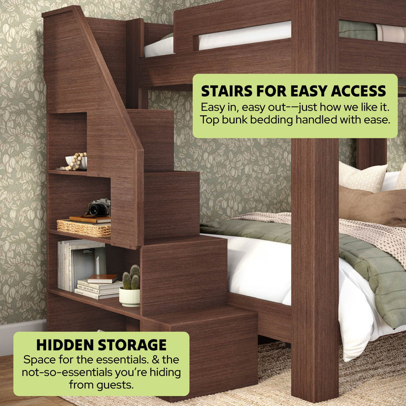Brown wooden bunk bed with stairs and built-in hidden storage shelves, space-saving bunk bed with staircase for kids’ or guest bedrooms