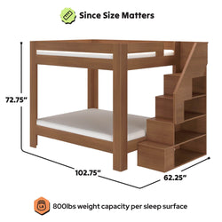 Solid wood twin-over-full bunk bed with built-in staircase storage shelves, 102.75" L x 62.25" W x 72.75" H, 800 lb weight capacity per sleep surface