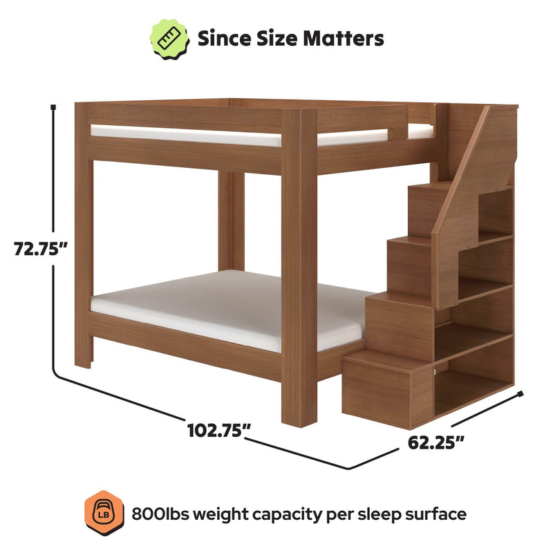 Solid wood twin-over-full bunk bed with built-in staircase storage shelves, 102.75" L x 62.25" W x 72.75" H, 800 lb weight capacity per sleep surface
