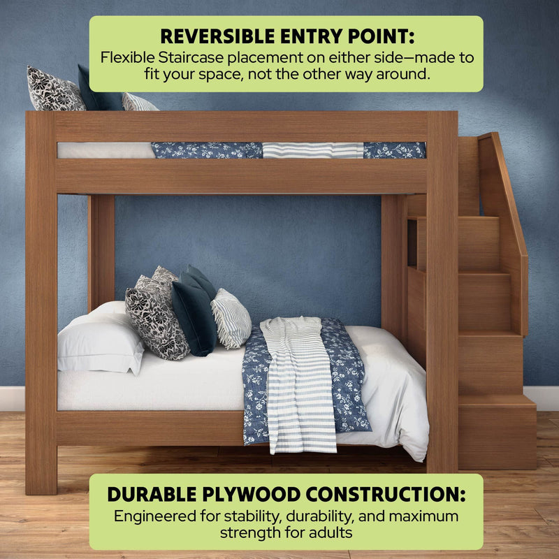 Walnut-finish plywood loft bunk bed with built-in staircase and reversible entry point, durable construction for adults, space-saving modern bedroom furniture