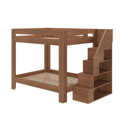 Brown wooden loft-style bunk bed with integrated staircase and open storage shelves for kids bedroom