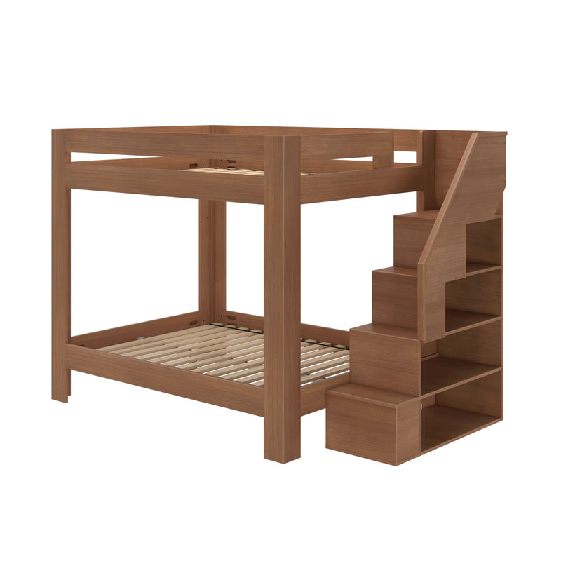 Brown wooden loft-style bunk bed with integrated staircase and open storage shelves for kids bedroom