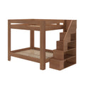 Brown wooden loft-style bunk bed with integrated staircase and open storage shelves for kids bedroom