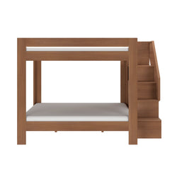 Modern walnut-finish wooden bunk bed with built-in stairs and white mattress, space-saving kids' bedroom furniture