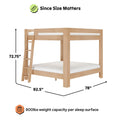 Light natural solid wood twin-over-full bunk bed with ladder, modern platform design, 92.5 in L x 78 in W x 72.75 in H, 800 lb weight capacity per sleep surface