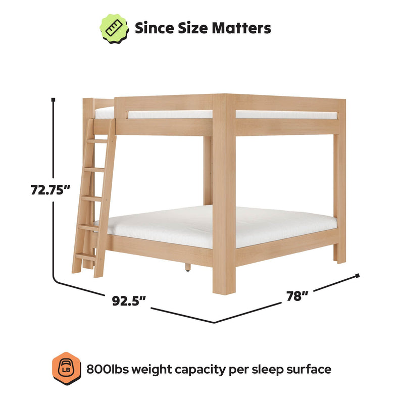 Light natural solid wood twin-over-full bunk bed with ladder, modern platform design, 92.5 in L x 78 in W x 72.75 in H, 800 lb weight capacity per sleep surface