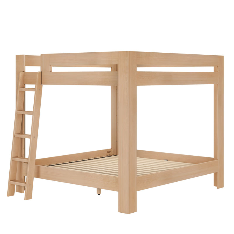 Light natural wood bunk bed frame with ladder and slatted platform, modern minimalist loft bed for kids and guest rooms