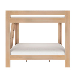 Light natural wood twin-over-full bunk bed with integrated ladder and white mattresses, modern minimalist kids bedroom furniture