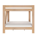 Light natural wood twin-over-full bunk bed with integrated ladder and white mattresses, modern minimalist kids bedroom furniture