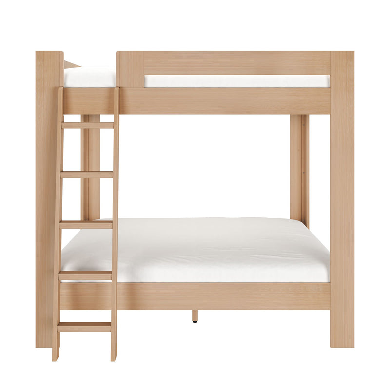 Natural oak wooden bunk bed with ladder and white mattresses, modern space-saving bunk bed for kids or guest room