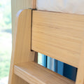 Close-up of natural oak bed frame joinery and wood grain on a modern wooden bunk bed ladder