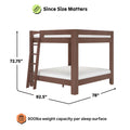 Brown wooden two-level bunk bed with ladder, modern sturdy frame, dimensions 72.75" H x 92.5" L x 78" W, 800 lb weight capacity per sleep surface