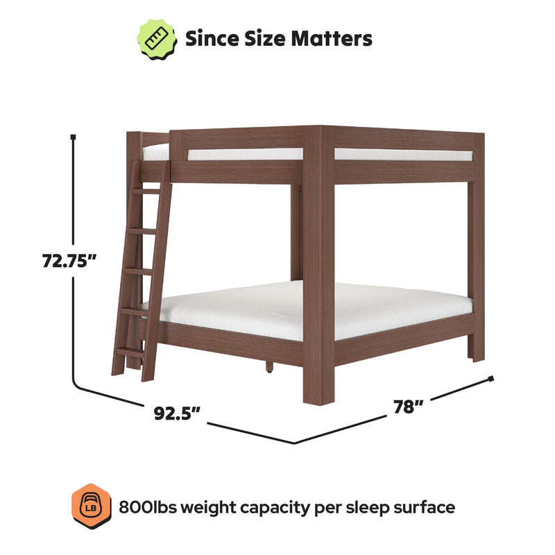 Brown wooden two-level bunk bed with ladder, modern sturdy frame, dimensions 72.75" H x 92.5" L x 78" W, 800 lb weight capacity per sleep surface