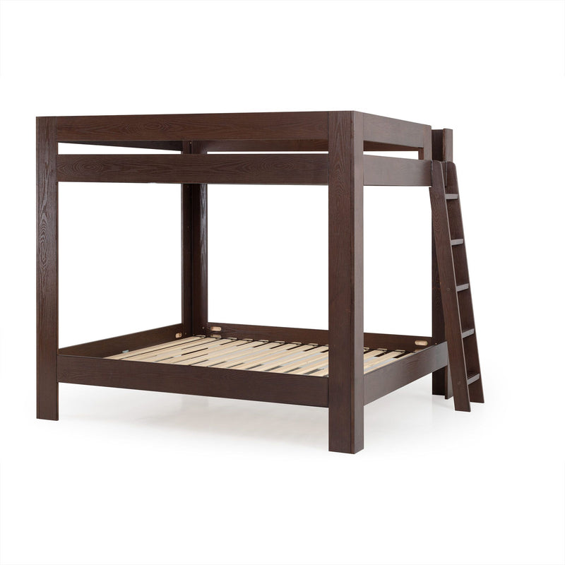 Dark espresso solid wood loft bed frame with ladder and slatted platform, modern bunk bed