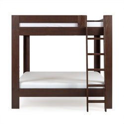 Dark brown wooden twin-over-full bunk bed with ladder and white mattresses, solid wood frame modern kids' bedroom furniture