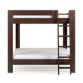 Dark brown wooden twin-over-full bunk bed with ladder and white mattresses, solid wood frame modern kids' bedroom furniture