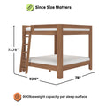 Solid wood two-level bunk bed with ladder in natural finish, sturdy platform design, 800 lb weight capacity per sleep surface, dimensions 72.75" H x 92.5" L x 78" W, ideal for shared bedrooms and guest rooms