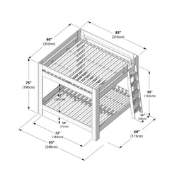 Isometric diagram of a wooden bunk bed with ladder and slatted platforms showing detailed dimensions and measurements in inches and centimeters for assembly and space planning