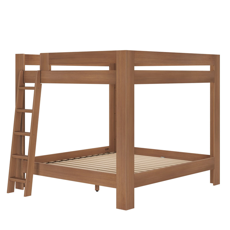 Sturdy solid wood bunk bed frame with ladder and platform slats in a natural wood finish, modern space-saving design for kids' or guest bedrooms