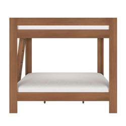 Walnut brown solid wood bunk bed with ladder, twin-over-full space-saving design and white mattresses