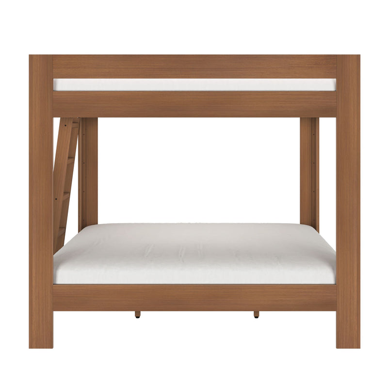 Walnut brown solid wood bunk bed with ladder, twin-over-full space-saving design and white mattresses