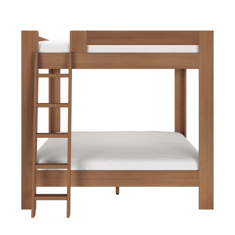 Twin-over-full solid wood bunk bed with ladder and safety guardrail, light brown finish and white mattresses — space-saving children's bedroom furniture