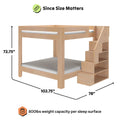 Loft-style wooden bunk bed with built-in staircase storage shelves, space-saving two-tier platform bed in natural wood finish, dimensions 102.75" L × 78" W × 72.75" H, 800 lb weight capacity per sleep surface, ideal bedroom furniture for kids and adults