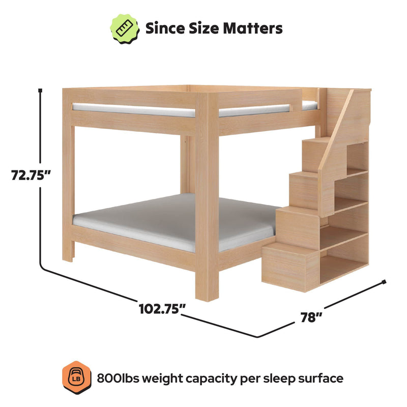 Loft-style wooden bunk bed with built-in staircase storage shelves, space-saving two-tier platform bed in natural wood finish, dimensions 102.75" L × 78" W × 72.75" H, 800 lb weight capacity per sleep surface, ideal bedroom furniture for kids and adults