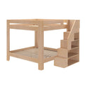 Natural wood bunk bed with built-in staircase storage shelves, space-saving modern kids' bed frame