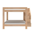 Solid wood bunk bed with integrated staircase and minimalist oak finish, space-saving modern design for kids' bedrooms