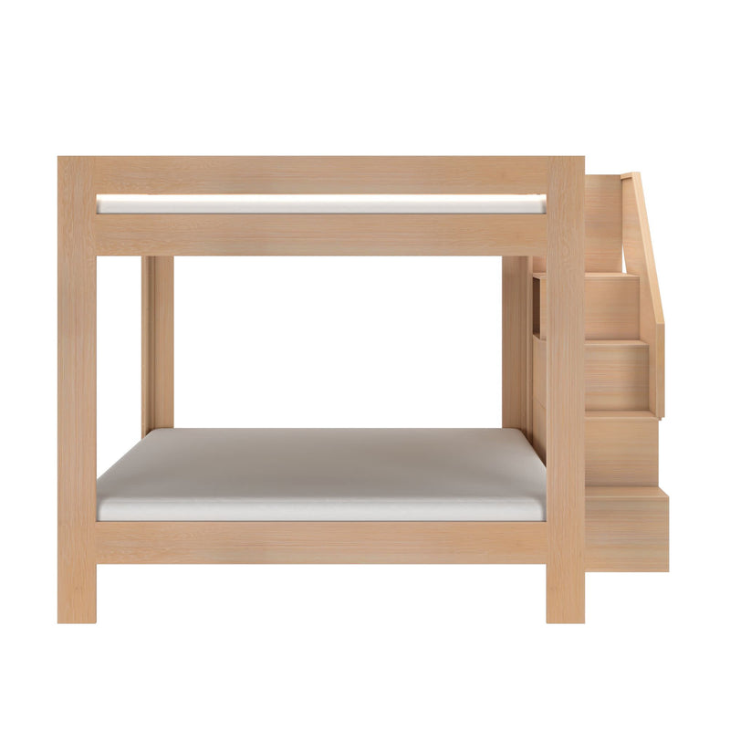 Solid wood bunk bed with integrated staircase and minimalist oak finish, space-saving modern design for kids' bedrooms