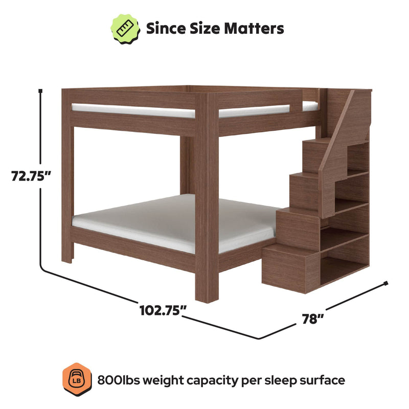 Full-over-full brown wooden bunk bed with built-in staircase storage, space-saving modern loft design, dimensions 102.75 in L x 78 in W x 72.75 in H, 800 lb weight capacity per sleep surface