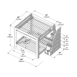 Dimensioned line-art diagram of a twin-over-full wooden bunk bed with built-in staircase storage and slatted mattress platforms, showing measurements in inches and centimeters (overall 104" x 83" x 75") for bunk bed dimensions, assembly and space-planning.