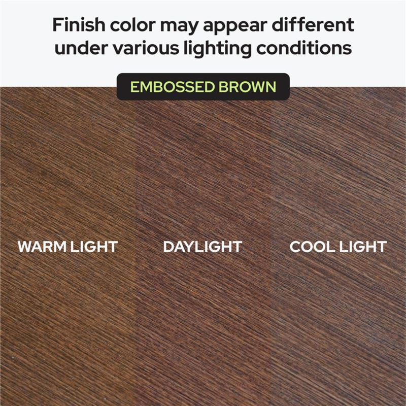Embossed Brown wood laminate sample showing finish color variations under warm light, daylight, and cool light for flooring and furniture