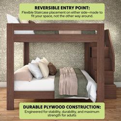 Durable brown plywood loft bunk bed with reversible staircase, built-in storage stairs and space-saving design for adults